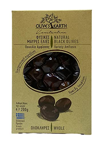 Olive's Earth Greek Natural Black Whole Olives Variety Amfissis 200g, Pack of 4 x 200 g (Total: 800g) von Olive's Earth