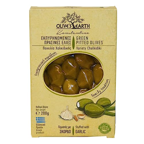 Olive's Earth Griechische Grüne Chalkidiki Oliven ohne Stein gefüllt mit Knoblauch, 4er Pack x 200g (Total: 800g) von Olive's Earth