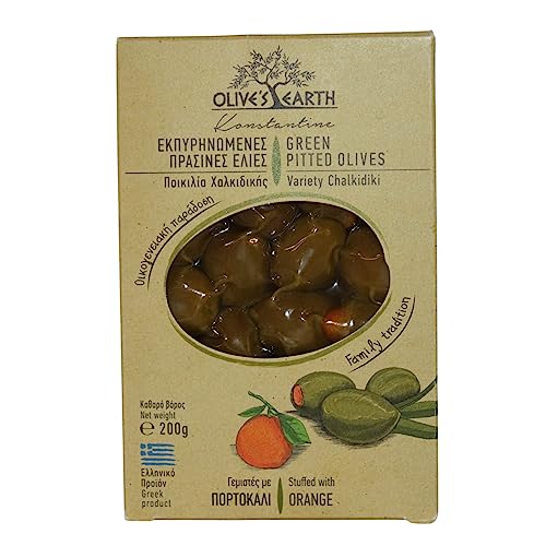 Olive's Earth Griechische Grüne Chalkidiki Oliven ohne Stein gefüllt mit Orange, 4er Pack x 200 g (Total: 800g) von Olive's Earth