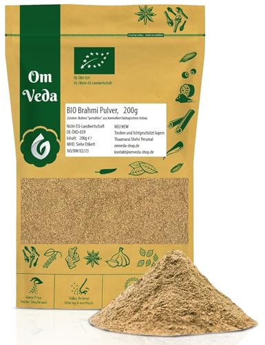 BIO Brahmi Pulver | fein vermahlen und schonend verarbeitet | Hochwertiges Bacopa Monnieri | Premium Qualität Brahmi Powder | für Smoothies, Müsli & Getränke | OmVeda (200g) von OmVeda