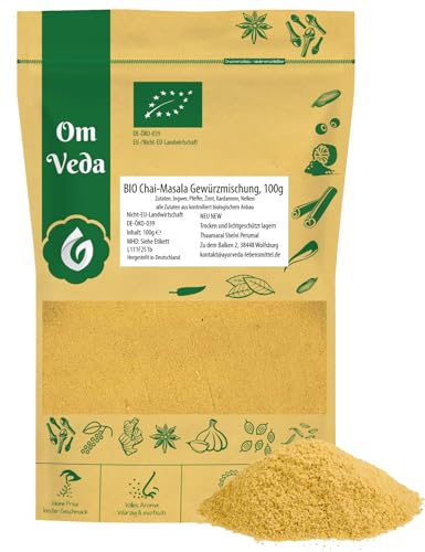 BIO Chai Masala 100g | Fein Gemahlen | Gewürztee Gewürzmischung Indischer Art | Mischung für Masala Chai Latte | Ingwer Pfeffer Zimt Kardamom Nelken (100g) von OmVeda