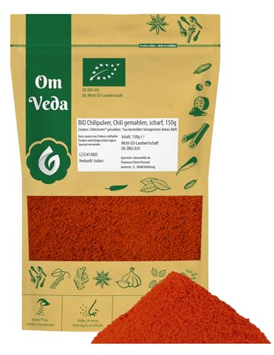 BIO Chili Pulver Fein Gemahlen SCHARF 150g | Organic Bio-Qualität DE-ÖKO-039 | Chilli Powder | OmVeda Gewürze von OmVeda