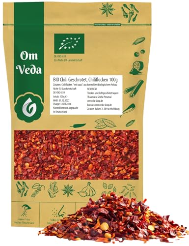 BIO Chili geschrotet mit Saat 100g | SEHR SCHARF Chiliflocken getrocknet | Chilli Chilies Chilis für Mühle | Organic Bio-Qualität DE-ÖKO-039 | Chilli Flakes | OmVeda von OmVeda