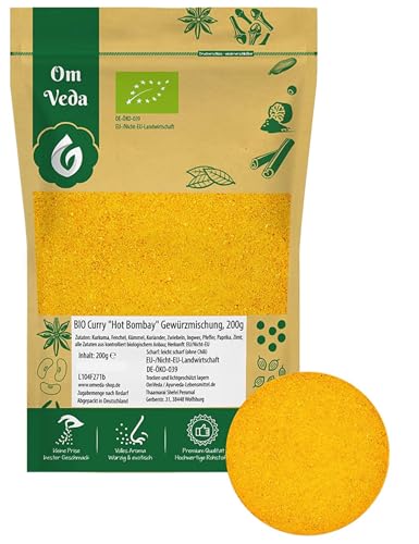 BIO Curry Pulver Hot Bombay Gewürzmischung 200g | Original Indischer Art | Fein Gemahlen | OHNE Konservierungsstoffe | Spices Blend | OmVeda (200g) von OmVeda