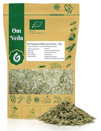 BIO Eukalyptusblätter geschnitten | Getrocknete Eukalyptusblättertee | Naturrein und aromatisch | Perfekt für Tee, Aufgüsse und Kräutermischungen | Ohne Zusätze | OmVeda (150g) von OmVeda