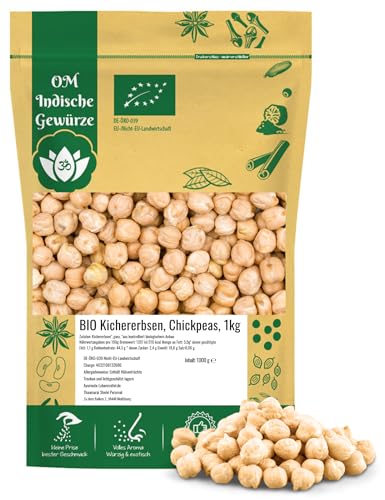 BIO Kichererbsen 1000g | Ganze Hülsenfrüchte aus kontrolliert biologischem Anbau | Mild-nussiger Geschmack | Vielseitig für Hummus, Falafel, Currys & Salate | OmVeda von OmVeda
