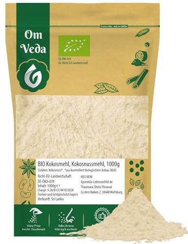 BIO Kokosmehl 1kg | Fein gemahlenes Kokosnussmehl | Natürlich glutenfrei | Vielseitig zum Backen, Kochen & Binden | Mild-süßes Aroma | Ohne Zusätze | OmVeda von OmVeda