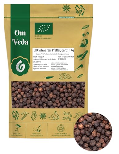 BIO Malabar Pfeffer Ganz 1000g | Schwarzer Pfeffer aus Kerala 1Kg | Organic Black Pepper | OmVeda Gewürze für Küche (1 Kg) von OmVeda