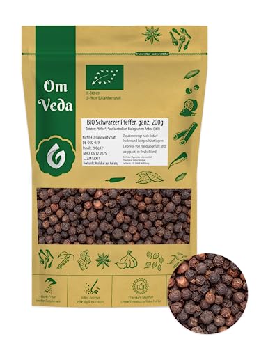 BIO Malabar Pfeffer Ganz 200g | Schwarzer Pfeffer aus Kerala | Organic Black Pepper | OmVeda Gewürze für Küche (200 g) von OmVeda