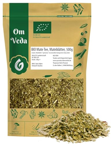 BIO Mate Tee 500g | Mateblätter pur frisch & grün fair | Matetee aus Mateblättern | Schonend getrocknet | Aromatisch | Ideal für heiße und kalte Tees | Premium Qualität | OmVeda von OmVeda