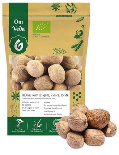 BIO Muskatnuss 15 Stück | Ganze Muskatnüsse aus Sri Lanka | Für Gewürzmühle Reibe | BIO-Qualität handverlesen | Organic Nutmeg | OmVeda von OmVeda