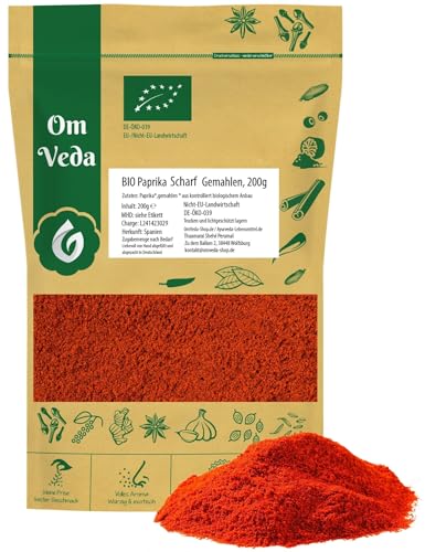 BIO Paprika gemahlen scharf 200g | Würzig-scharfes Paprikapulver aus sonnengetrockneten Paprikaschoten | Intensives Aroma & leuchtend rote Farbe | OmVeda von OmVeda
