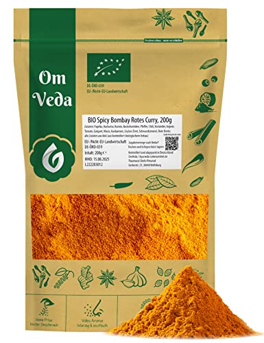 BIO Rotes Curry Gewürzmischung Spicy Bombay 150g | Masala Curry Pulver SCHARF | fein gemahlen Asiatisches Gewürz | OmVeda Gewürze von OmVeda