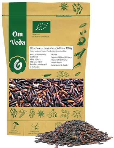 OmVeda Bio Schwarzer Langkornreis 1 kg | Vollkornreis mit nussig-würzigem Aroma | Für Salat, Pfannengericht, Auflauf, Suppe & Beilage | Ballaststoffreich, Vegan & Naturbelassen von OmVeda