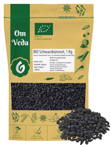 BIO Schwarzkümmel 1Kg Schwarzkümmelsamen ganz aus Ägypten Nigella Sativa | Organic Bio-zertifiziert DE-ÖKO-039 | Black Cumin | OmVeda Gewürze | Ideal für Küche, Tee und Öl 1000g von OmVeda
