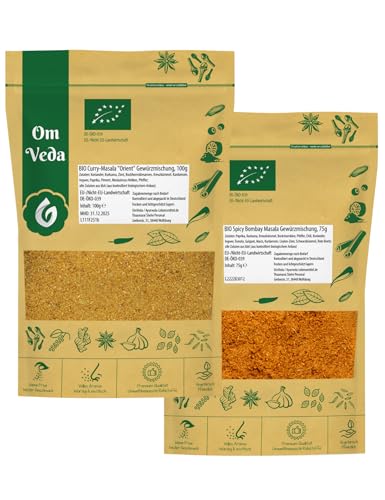 BIO Curry Pulver Set Indisch | BIO Curry Masala Classic Scharf + BIO Madras Curry Sehr Mild | Indische Gewürze Currypulver Currygewürz 2er SET 175g | Organic Bio DE-ÖKO-039 | OmVeda von OmVeda