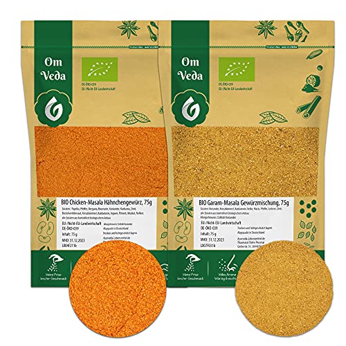 Hähnchengewürz Chicken Masala BIO + Garam Masala Gewürzmischungen BIO 150g | Geflügelgewürz BBQ-Rub Tikka Grillmarinade | Indische Gewürze Currygewürz 2er SET von OmVeda