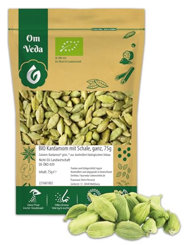 BIO Kardamom | Kardamomkapseln 75g Grüner Kardamom ganz mit Schale | Premium BIO-Qualität handverlesen | Organic Cardamom Elaichi | OmVeda von OmVeda