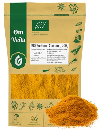 Kurkuma Pulver BIO 200g | Curcuma Kurkumawurzel gemahlen | Gewürzpulver Gelbwurz Turmeric Powder | Herkunft Indien | Organic Bio-zertifiziert DE-ÖKO-039 von OmVeda