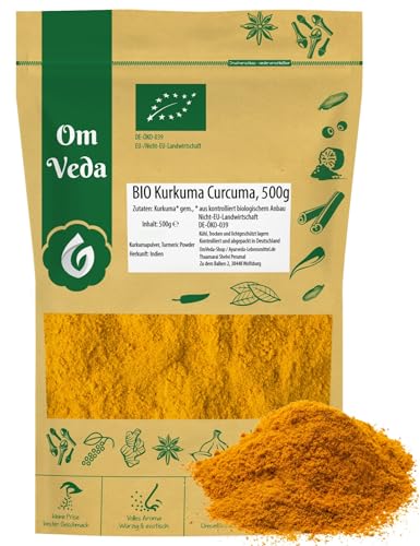 Kurkuma Pulver BIO 500g | Curcuma Kurkumawurzel gemahlen | Gewürzpulver Gelbwurz Turmeric Powder | Herkunft Indien | Organic Bio-zertifiziert DE-ÖKO-039 von OmVeda