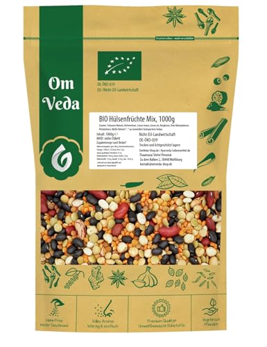OmVeda Bio Hülsenfrüchte-Mix 1kg | Getrocknete Mischung aus Linsen, Kichererbsen und Bohnen | Vegan, Ohne Zusatzstoffe, Ideal für Suppen, Eintöpfe, Chili und kreative Bowlgerichte von OmVeda