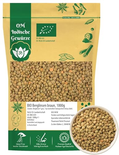 Omveda Bio Berglinsen Braun Gourmet 1 kg | Kleine, braun gesprenkelte Linsen aus ökologischem Landbau | Nussiges Aroma, bissfest gekocht | Für Salat, Auflauf, Bratling, Eintopf | Vegan & Vielseitig von OmVeda