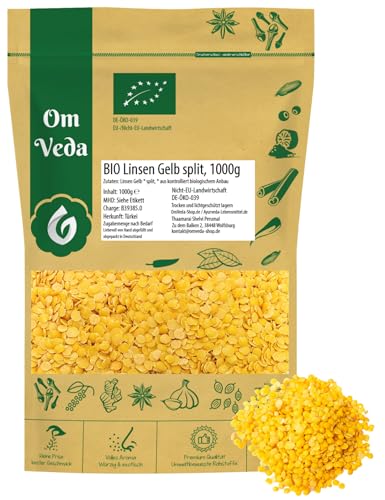 OmVeda Bio Gelbe Linsen Split 1 kg | Halbe Getrocknete Linsen aus ökologischem Anbau | Schnell kochend & cremige Textur | Für Dahl, Suppe, Püree, Eintopf & Aufstrich | Vegan & Naturbelassen von OmVeda