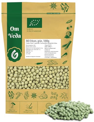 OmVeda Bio Getrocknete Grüne Erbsen 1 kg | Ganze Gartenerbsen aus ökologischem Anbau | Mild-süßlich im Geschmack & bissfest | Für Suppe, Eintopf, Püree, Beilage & Bowl | Vegan & Naturbelassen von OmVeda
