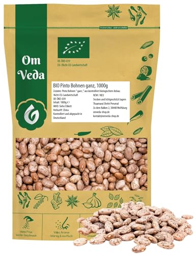 OmVeda Bio Pintobohnen 1kg | Getrocknete Borlotti Bohnen mit rot-brauner Marmorierung | Mild im Geschmack & cremig gegart | Für Eintopf, Suppe, Bratling, Füllung & Salat | Vegan & Naturbelassen von OmVeda