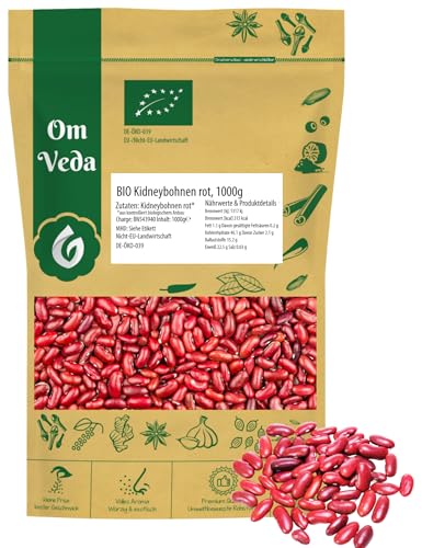 Bio Getrocknete Dunkelrote Kidneybohnen 1kg| Rote Trockenbohnen aus kontrolliert biologischem Anbau | Hülsenfrüchte für Chili, Eintöpfe, Suppen und Salate | Vegan & Vielseitig von OmVeda