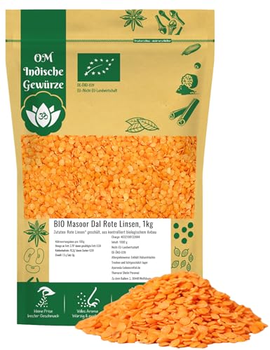 OmVeda Bio Rote Linsen 1 kg | Geschälte Getrocknete Berglinsen aus ökologischem Anbau | Mild-nussig & mehlig beim Kochen | Für Suppe, Püree, Eintopf, Aufstrich & Orientgericht | Vegan & Naturbelassen von OmVeda