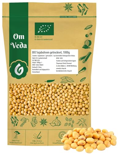 BIO Sojabohnen 1kg – OmVeda | Für Tofu, Tempeh, Sojamilch & Sprossen | Vegan, Vielseitig & Naturrein | DE-ÖKO-039 | Ideal für pflanzliche Rezepte & asiatische Küche von OmVeda