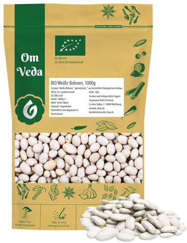 OmVeda Bio Weiße Bohnen 1 kg | Getrocknete Bohnen aus ökologischem Anbau | Mild-süßlich im Geschmack & gleichmäßig in der Form | Für Minestrone, Eintopf, Antipasti & Salat | Vegan & Naturbelassen von OmVeda
