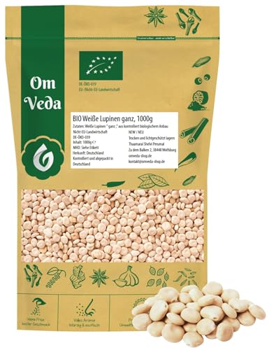 OmVeda Bio Süß-Lupinen Ganz 1 kg | Heimische Hülsenfrucht aus ökologischem Anbau in Deutschland | Mild-nussiger Geschmack | Für Eintopf, Curry, Antipasti, Bratling & Bowl | Vegan & Naturbelassen von OmVeda