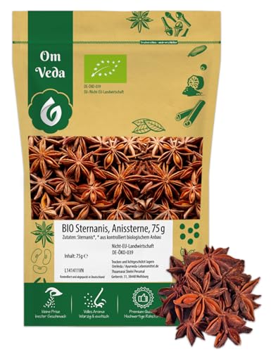 Sternanis BIO Echter Sternanis 75g | ganz mit Bruch | Anissterne | Premium BIO-Qualität zum Kochen Dekorieren | Organic Star Anise | OmVeda (75g) von OmVeda