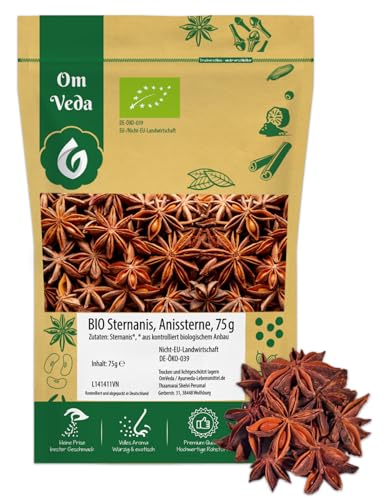 Sternanis BIO Echter Sternanis 75g | ganz mit Bruch | Anissterne | Premium BIO-Qualität zum Kochen Dekorieren | Organic Star Anise | OmVeda von OmVeda