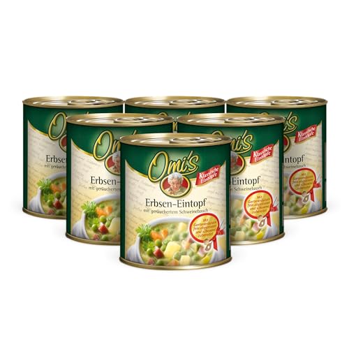 Buss Omi’s klassischer Erbseneintopf - Traditionelle Erbsensuppe mit Kartoffeln, Karotten und geräuchertem Schweinebauch - Schnelle Fertiggerichte zum Aufwärmen in Mikrowelle & Topf - 6 x 800g von Buss