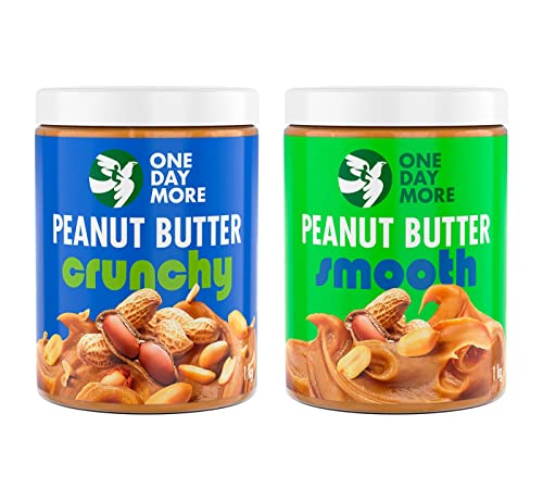 One Day More| Set aus Erdnussbutter glatt und Erdnussbutter knusprig | 100% natürliche Zusammensetzung | Ballaststoffquelle Proteinquelle Für Veganer geeignet | 2 x 1kg von OneDayMore