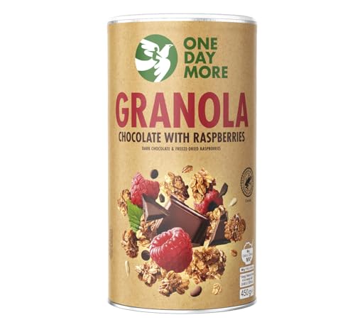 OneDayMore Granola 450g (Granola mit Himbeeren und dunkler Schokolade Ohne Palmöl Ohne Glukose-Fruktose-Sirup) von OneDayMore