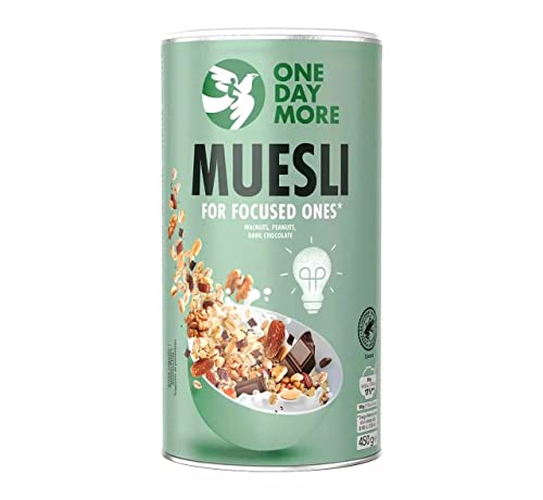 OneDayMore Müsli für Konzentrierte | 450g ohne Zucker Fit Schoko Müsli Walnüssen | Haferflocken Frühstück 100% Natürlich | Zuckerfrei Gesunde Essen Snack Kein Palmöl mit Schokolade von OneDayMore