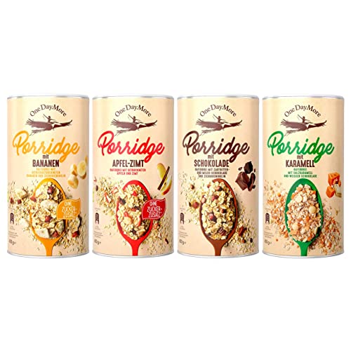 OneDayMore Porridge Mix Set | Granola Schoko Bananen Apfel Zimt Karamell Musli | Haferbrei Schokolade Müsli | Vegan Kakao Haferflocken Frühstück 100% Natürlich | 4-pack von OneDayMore