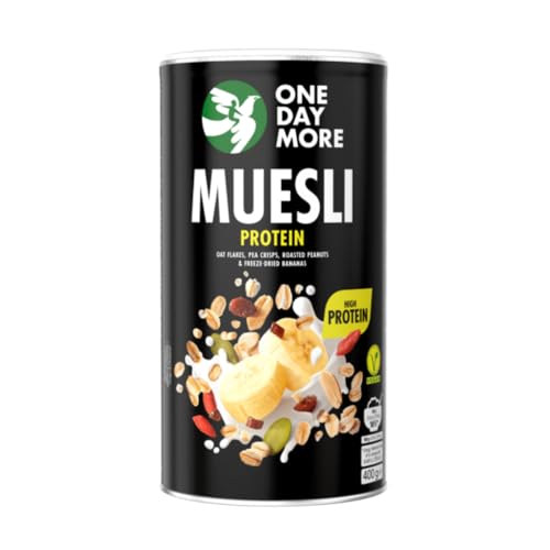 OneDayMore Protein Müsli | 450g Viele Früchte Haferflocken Müsli | Vegan Fit Zuckerfrei Muesli Essen Frühstück 100% Natürlich | Dateln Erdnüsse Ohne Zucker Salt Bananen Musli von OneDayMore