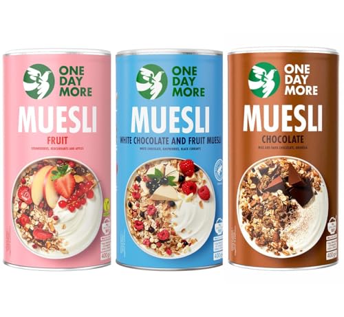 OneDayMore Viele Früchte Schoko Müsli Mix | 1200g Viele Früchte Haferflocken Musli | Fit Schokolade Muesli Essen Frühstück 100% Natürlich | Musli 3-pack von OneDayMore
