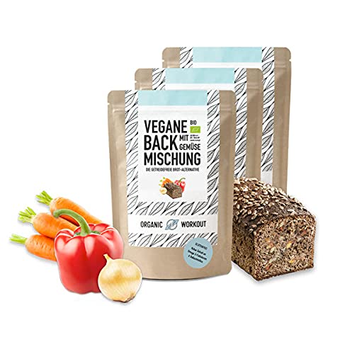 3er VEGANE BACKMISCHUNG mit Gemüse – Bio, lower-carb* Brot-Alternative, viel Pflanzen-Protein, ballaststoffreich, ohne Getreide, für keto und kohlenhydrat-reduzierte Diät von Organic Workout