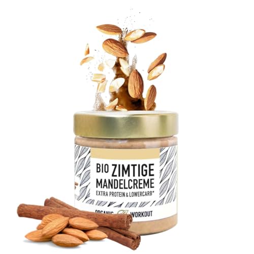 BIO-MANDELMUS MIT ZIMT UND WHEY-PROTEIN 3x190g - lower-carb, zuckerfrei, ohne Zuckerzusatz, mit Erythrit, Bio Mandel-Creme, Organic Workout von Organic Workout