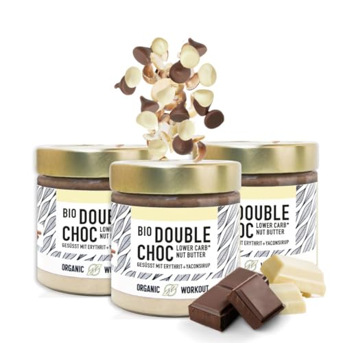 Bio Double-Choc Nussmus | Nuss Nougat Creme | Cashew-Haselnuss | vegan | lower-carb | ohne Zuckerzusatz | Erythrit gesüsst | 3x190g Organic Workout von Organic Workout