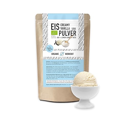 Lower-Carb* Vanille Eis Mix - Cremiges Eis mit Erythrit gesüsst, bio, ohne Zucker-Zusatz nur 2,5 g verwertbare Kohlenhydrate - keto ohne Maltit - glutenfrei, bio - 125 g, Organic Workout von Organic Workout