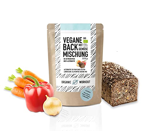 VEGANE BACKMISCHUNG mit Gemüse – Bio, lower-carb* Brot-Alternative, viel Pflanzen-Protein, ballaststoffreich, ohne Getreide, für keto und kohlenhydrat-reduzierte Diät von Organic Workout