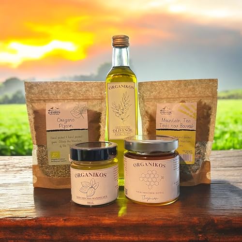 Organikos Feinkost Probier Bundle - "Rhodos" - Griechisches Olivenöl Extra Nativ 750 ml - Auswahl aus Rohhonig und Biozertifiziertem Tee (500gr und 30gr, Kieferhonig) von ORGANIKOS