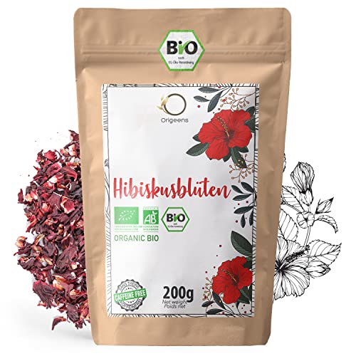 ORIGEENS HIBISKUSTEE BIO 200g Premiumqualität | Hibiskusblüten getrocknet für Tee, Früchtetee, Eistee, Karkade tee | Hibiskus Tee für Drainage Detox-Kur von Origeens